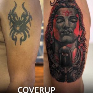 This beautiful cover-up tattoo, designed and executed by Mukesh Waghela, the best tattoo artist in Goa, showcases his incredible ability to transform old tattoos into vibrant, stunning works of art. This cover-up tattoo was done at Moksha Tattoo Studio, Goa, using expert techniques to ensure that the new design completely covers the old one, while enhancing the artwork to a completely new level. Shiva symbolizes transformation, inner strength, spiritual wisdom, and the balance between destruction and creation. It represents the power to overcome negativity, embrace life’s changes, and maintain calmness in chaos.