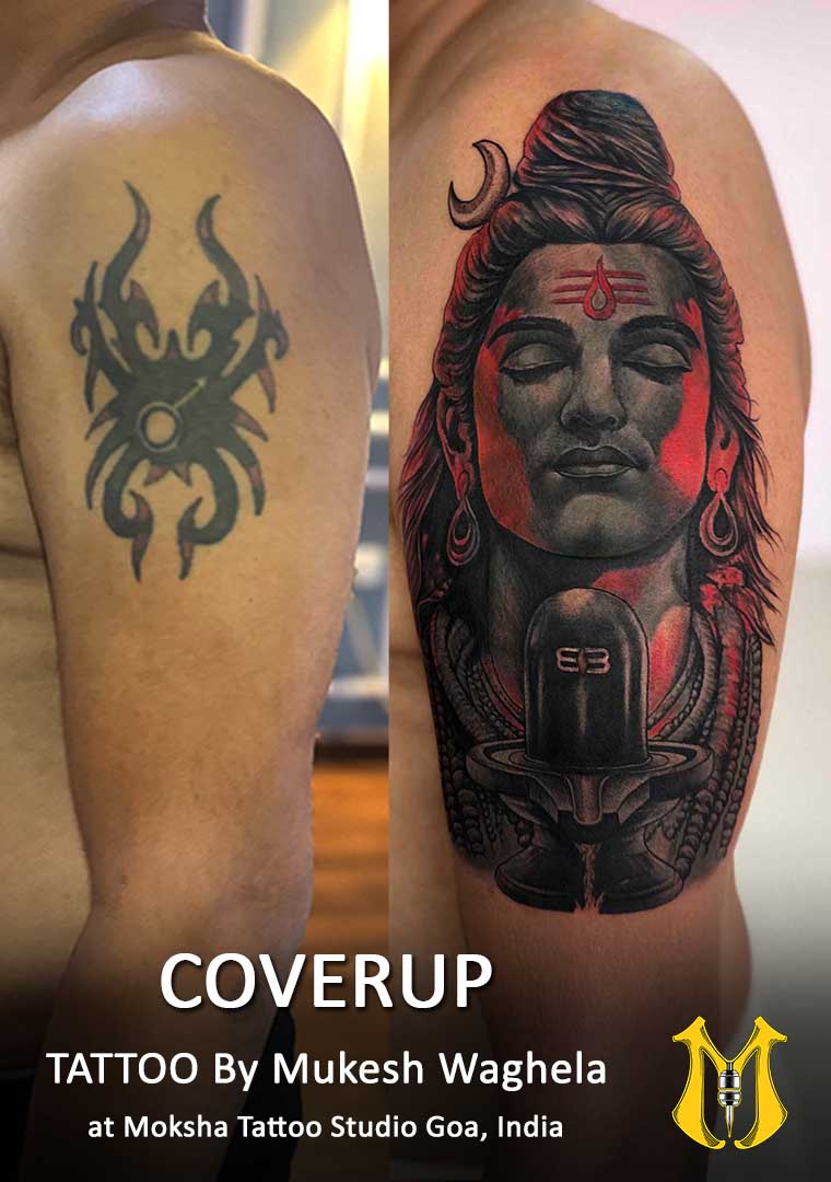 This beautiful cover-up tattoo, designed and executed by Mukesh Waghela, the best tattoo artist in Goa, showcases his incredible ability to transform old tattoos into vibrant, stunning works of art. This cover-up tattoo was done at Moksha Tattoo Studio, Goa, using expert techniques to ensure that the new design completely covers the old one, while enhancing the artwork to a completely new level. Shiva symbolizes transformation, inner strength, spiritual wisdom, and the balance between destruction and creation. It represents the power to overcome negativity, embrace life’s changes, and maintain calmness in chaos.